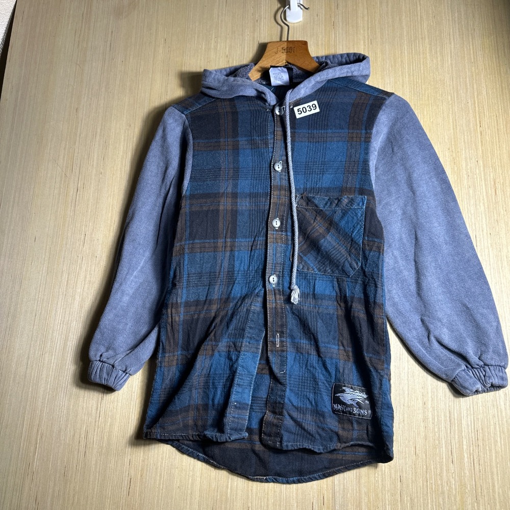 Vintage Maui and Sons Hooded Flannel Shirt Kids Small Blue 90s Plaid Mixed Media - Picture 5 of 12